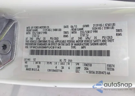 2015 Ford Escape Se z USA, uszkodzony, nr VIN 1FMCU0G96FUC81143